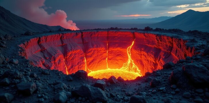 Crater in the earth with intense flame and lava, lava, crater