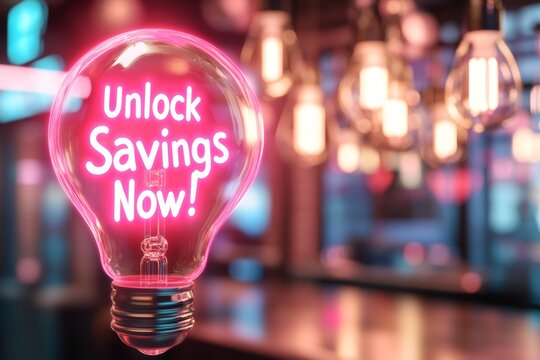 A neon-pink promo code card with the words "Unlock Your Savings Now!"