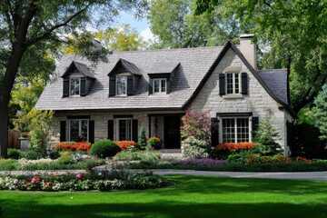 Charming stone house surrounded by vibrant flowers and lush greenery in a tranquil neighborhood on a sunny day, inviting passersby to admire its beauty