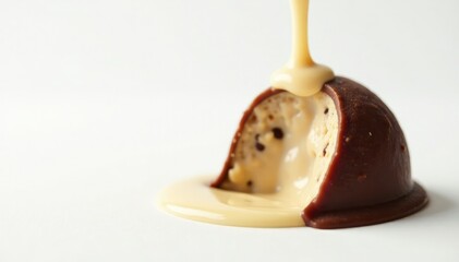 Creamy truffle falling gently from above on white background, smooth surface, dessert