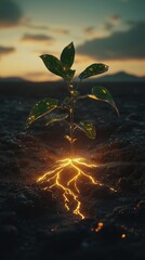 Tiny seed sprouts in barren desert, revealing strong roots glowing beneath the surface