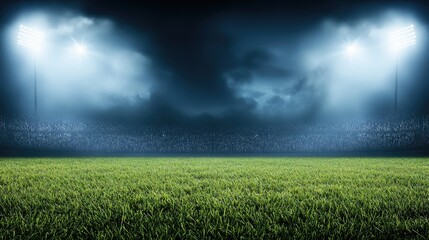 Nighttime football stadium with bright floodlights illuminating the empty field and dark clouds overhead, creating an atmospheric backdrop for upcoming matches