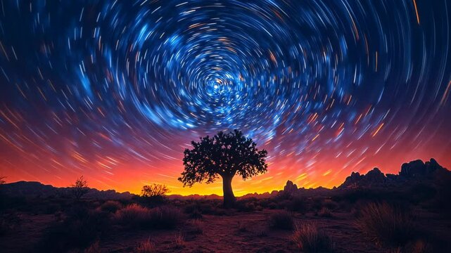 Majestic tree silhouette under a swirling starry night sky at dusk