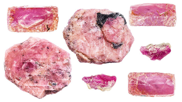 various samples of raw ruby minerals isolated