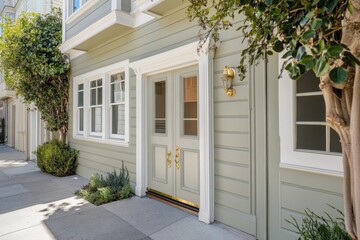 Elegant green exterior of a residential building showcases detailed architecture and a welcoming entrance, captured on a sunny day in a tranquil neighborhood