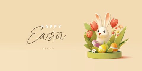 Modern 3D banner, Happy Easter. Cute bunny on a green catwalk, tulips, daisies, grass, Easter eggs. Vector illustration.