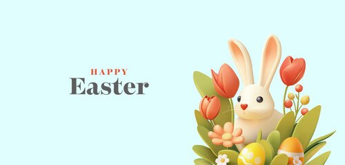 3D bunny sitting in spring flowers on a blue background. Happy Easter. Tulips, daisies, grass, Easter eggs. Vector illustration.