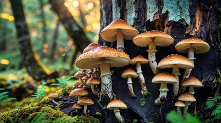 Fototapeta premium Cluster of mushrooms growing on a tree trunk in a forest. The warm light creates a magical atmosphere.