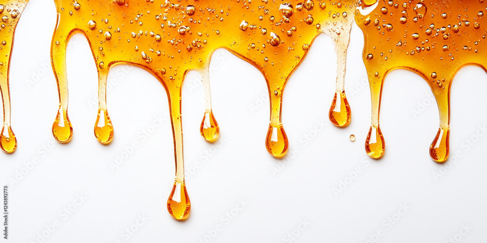 Aufkleber golden honey cascades in thick splashes, creating delicate droplets on a clean surface. the warm lig