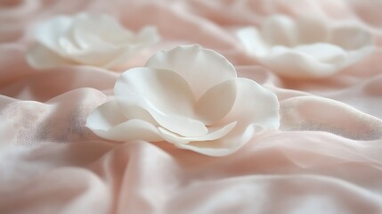 Delicate white blossoms rest on a soft pink fabric
