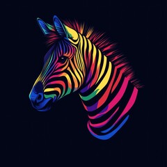Colorful zebra head profile against black background.