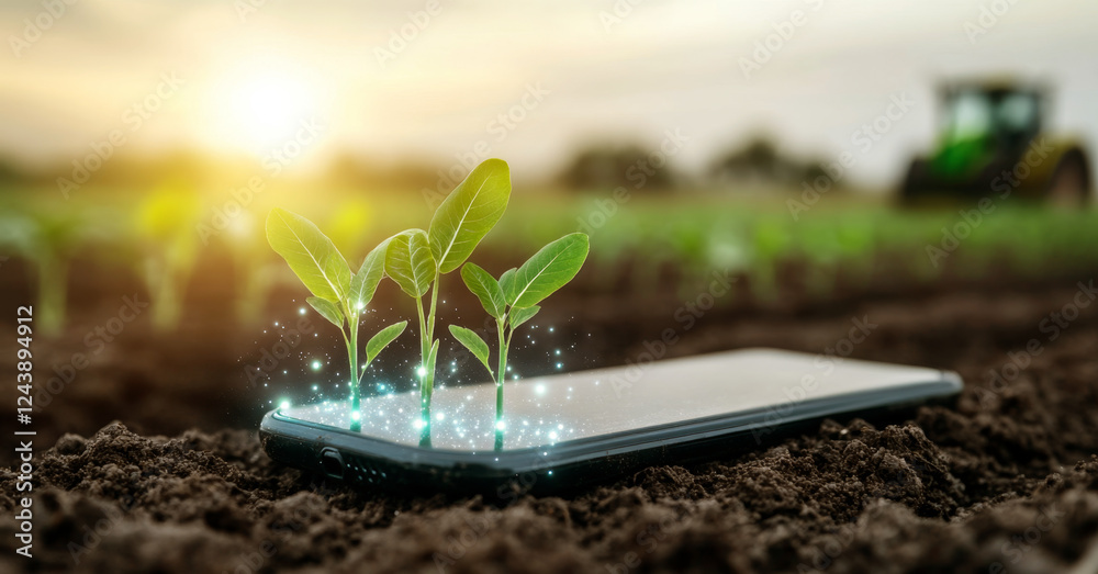 Poster innovative smart farming techniques are showcased as seedlings emerge from a smartphone resting on t