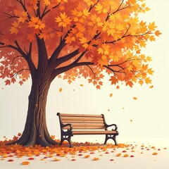 Vibrant orange autumn tree with falling leaves beside empty wooden park bench, seasonal background for marketing campaigns, website hero image, corporate presentation backdrop with copy space