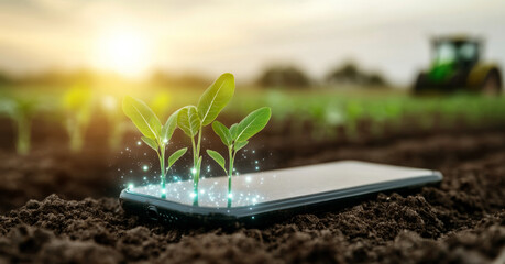 Innovative smart farming techniques are showcased as seedlings emerge from a smartphone resting on the soil. This captivating moment highlights the blend of technology and agriculture during sunset.
