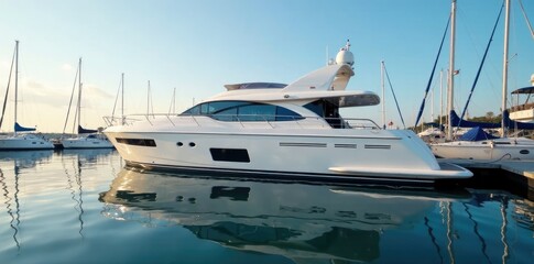 Fototapeta premium Luxury yacht docked in marina with perfect reflection, boating, serene, dock
