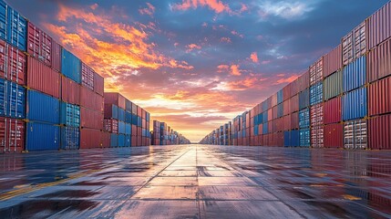 Fototapeta premium Global Trade at Sunset: A Stunning View of Shipping Containers