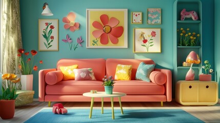 Kids living room in 3D animated style featuring bright colors and a playful design