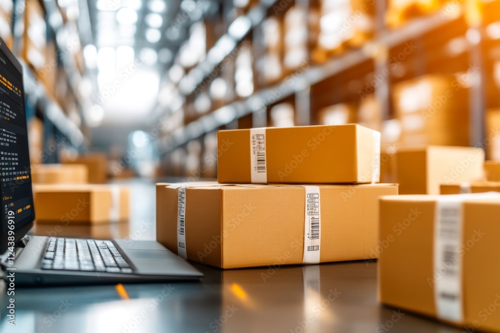 Poster A warehouse with stacks of shipping boxes, invoices, and a computer screen displaying distribution cost calculations