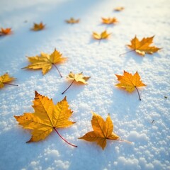 Yellow maple leaves scatter across the frozen landscape in a soft blanket, leaf, winter