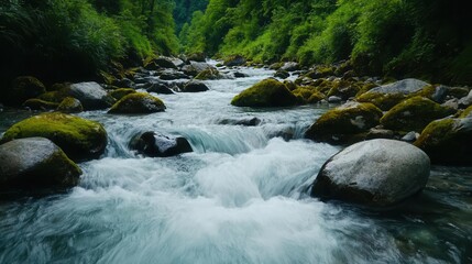 A longexposure shot of a mountain river, silky smooth water flowing over mosscovered rocks