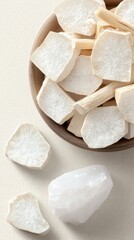 Natural ingredients arranged in a wooden bowl showcasing pieces of white herbal roots used in traditional remedies