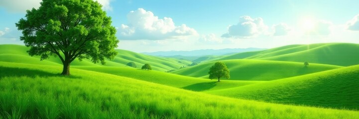 Fototapeta premium Rolling hills of green grass in the distance with tall trees in the foreground, green, tree