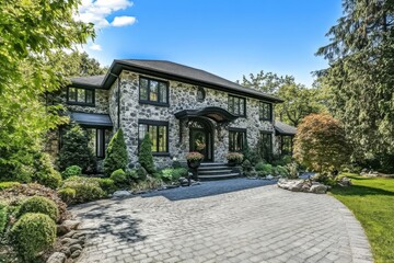 Beautiful stone house with landscaped garden and driveway under a clear blue sky in a suburban neighborhood during the day