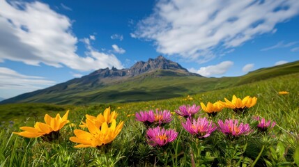 Obraz premium Vibrant wildflowers blooming on a highaltitude meadow with a dramatic mountain backdrop, picturesque and colorful nature scene