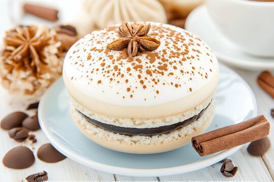 A gourmet macaron with a creamy white top, dusted with cocoa powder and garnished with star anise, filled with rich chocolate ganache, served on a pastel blue plate with cinnamon sticks and coffee bea