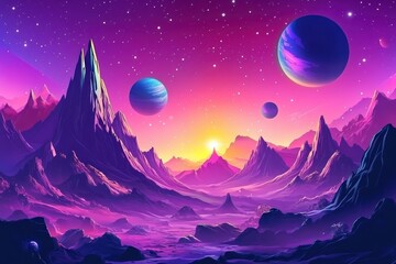 Surreal Fantasy Landscape with Mountains and Colorful Planets in a Purple Night Sky