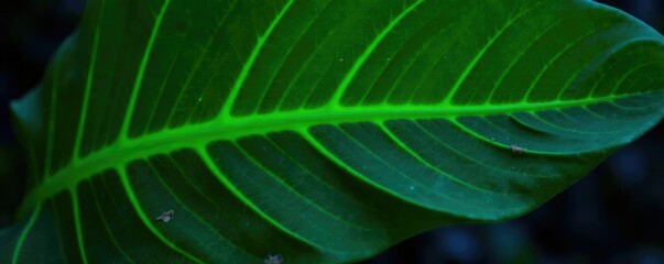 Obraz premium Tropical banana leaf texture with glowing veins and fibers, glow in the dark, plant