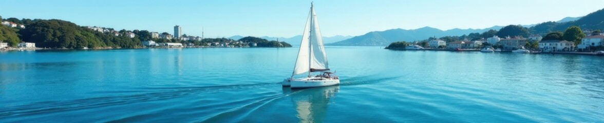 Sailboat gliding through calm waters of Auckland harbour, blue, harbour, yacht