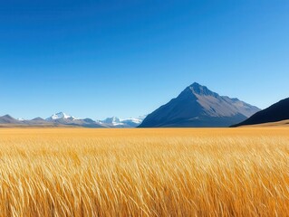 Obraz premium A golden field of tall grass in a valley, with towering mountains in the background under a clear blue sky
