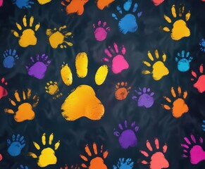 Fototapeta premium Bright and colorful hand paw print background, animal shelters, fabric, pet care