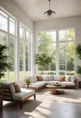 Bright and airy sunroom with floor-to-ceiling windows and cozy seating, bright, house, modern