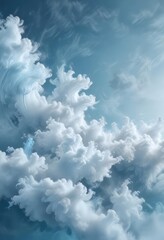 Whimsical clouds and wisps of fog dance on a soft blue abstract backdrop, celestial elements, delicate patterns, misty veil