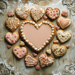 Fototapeta premium Heart-shaped cookies, Valentine's Day treats, Pastel pink and white icing, Delicate sugar decorations, Rustic wooden background, Homemade baked goods, Romantic desserts.