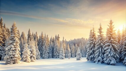 Serene Winter Sunrise in a Snow-Covered Evergreen Forest