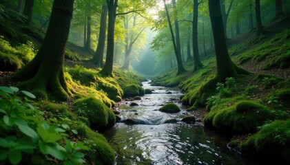 Obraz premium serpentine river winding through mossy forest, trail, forest, serene