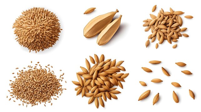 Design a set of cumin seeds with detailed textures, showing both whole and crushed forms, isolated on a white background