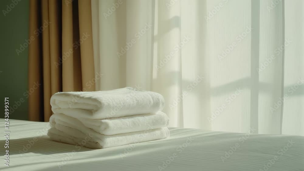 Poster Sunlight streams through sheer curtains onto a neatly folded stack of white towels resting on a made bed, creating a serene and inviting atmosphere in a hotel room