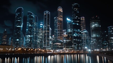 Fototapeta premium The city skyline glimmers beautifully at night, showcasing modern skyscrapers that are brilliantly reflected on the shimmering water