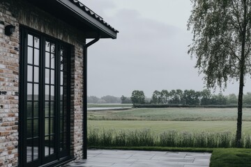 Fototapeta premium Serene countryside view from an elegant brick house at dusk, with lush green fields and a tranquil sky creating a peaceful atmosphere