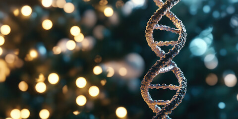 DNA strand, Christmas lights bokeh, genetic science, holiday