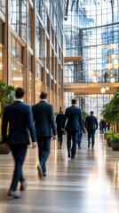 Professional individuals walking through a modern office building corridor with tall glass walls and greenery
