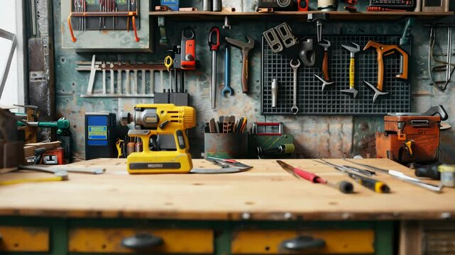 Workshop focus shift on organized tools and vintage drawer