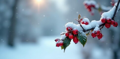 A bare branch with snow-covered holly flowers and berries, frozen nature, snowfall