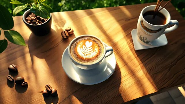 Sunlit morning coffee: artisan latte art with coffee beans and greenery