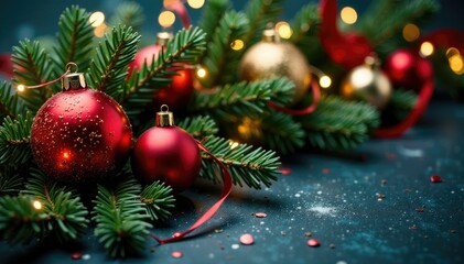 Fototapeta premium Sparkling ornaments and evergreen branches intertwined with ribbons, Christmas, winter, ribbon