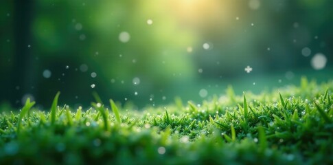 Sparkling snowflakes fall gently on a green landscape, frosty atmosphere, glitter rain